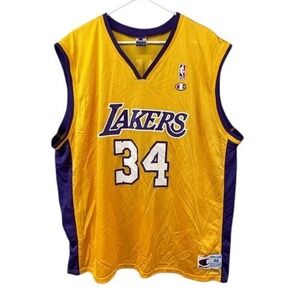 Champion Lakers #34 Basketball Jersey Men's XL Yellow Vintage NBA O'Neal